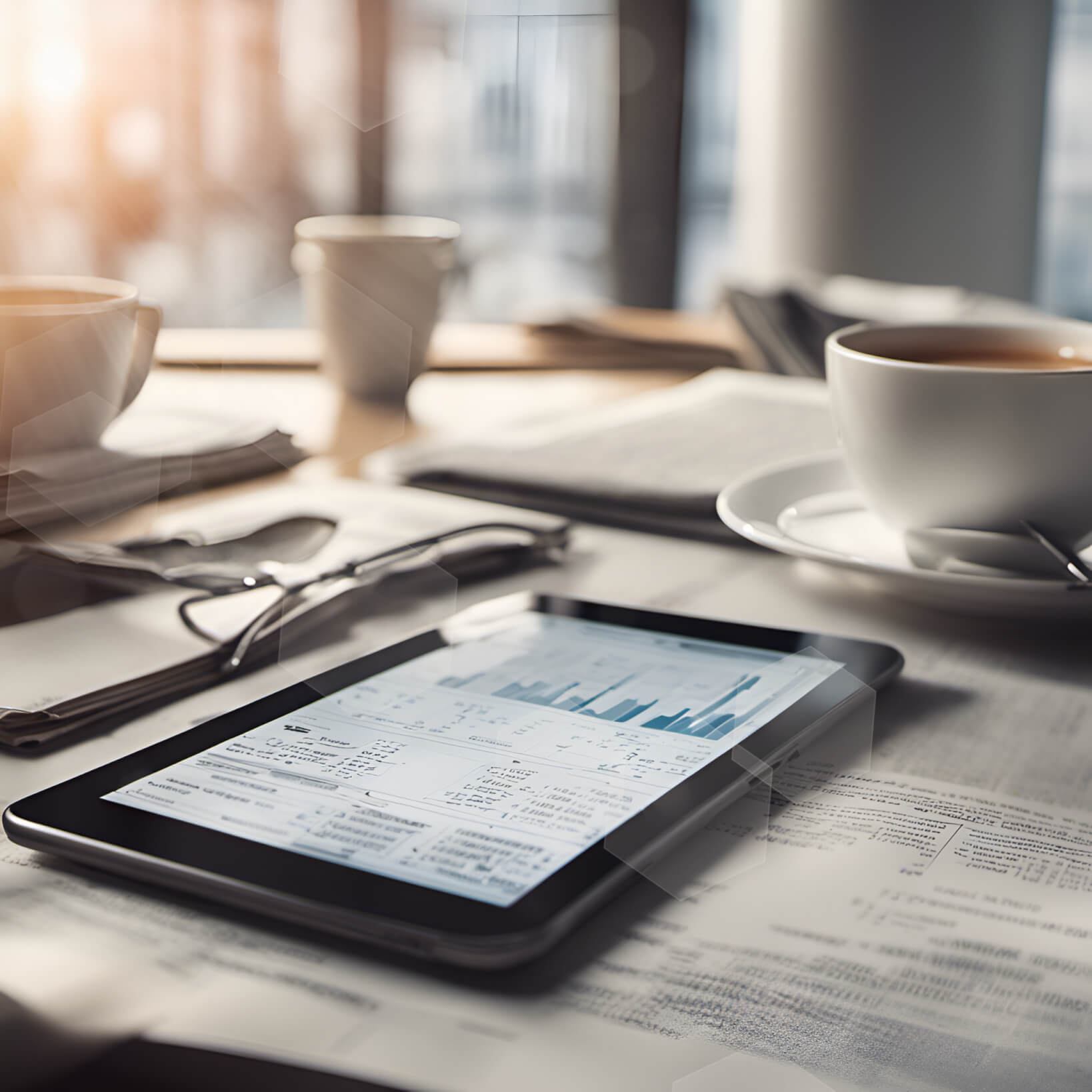 Beleggingsinformatie op een tablet naast een notitieboek en koffie